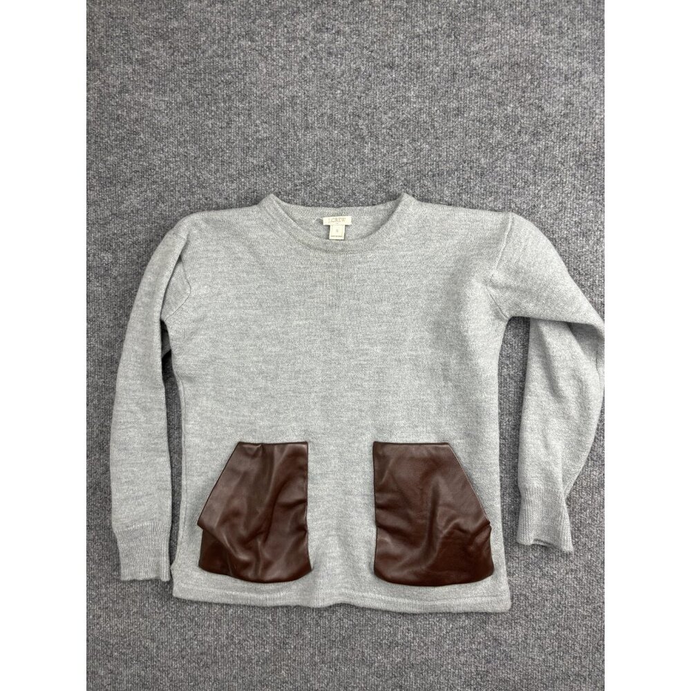 J Crew Sweater Womens Small Gray Merino Wool Faux Leather‎ Pocket Pullover Top